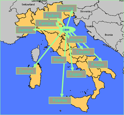 Mappa Italia dove opera il Centro Ricerche Marine: Gorizia, Padova, Ferrara, Genova, Ancona, Teramo, Roma, Napoli, Foggia, Sassari, Palermo